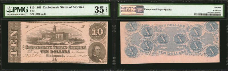 T-52. Confederate Currency. 1862 $10. PMG Choice Very Fine 35 EPQ.
No. 42342, P...