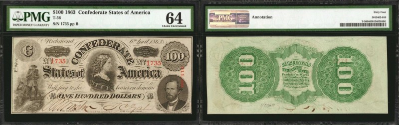 T-56. Confederate Currency. 1863 $100. PMG Choice Uncirculated 64.
No. 1735, Pl...