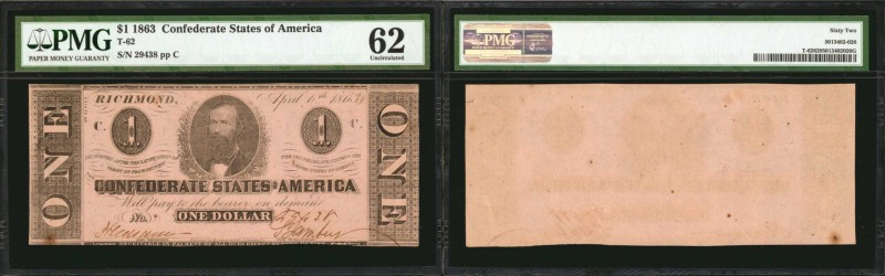 T-62. Confederate Currency. 1863 $1. PMG Uncirculated 62.
No. 29438, Plate C. A...