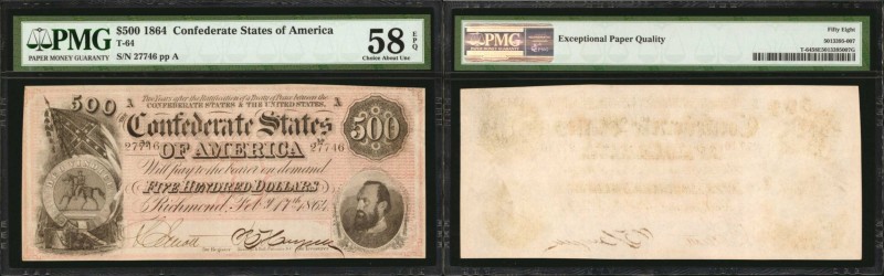 T-64. Confederate Currency. 1864 $500. PMG Choice About Uncirculated 58 EPQ.
No...