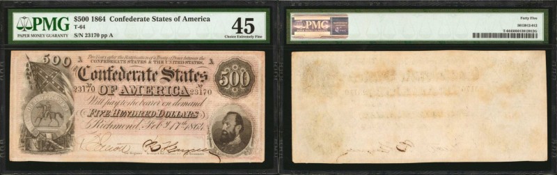 T-64. Confederate Currency. 1864 $500. PMG Choice Extremely Fine 45.
No. 23170,...