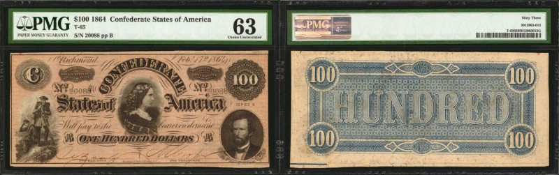 T-65. Confederate Currency. 1864 $100. PMG Choice Uncirculated 63.
No. 20088, P...