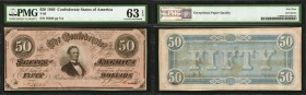 T-66. Confederate Currency. 1864 $50. PMG Choice Uncirculated 63 EPQ.
No. 56386, Plate YA. This 1864 $50 has gained PMG's coveted EPQ designation.
E...
