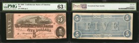 T-69. Confederate Currency. 1864 $5. PMG Choice Uncirculated 63 EPQ.
No. 40960, Plate G. Fully original paper is found on this darkly printed 1864 $5...