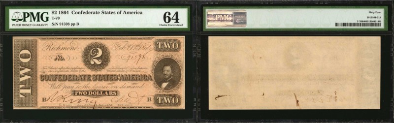T-70. Confederate Currency. 1864 $2. PMG Choice Uncirculated 64.
No. 91598, Pla...