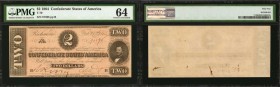 T-70. Confederate Currency. 1864 $2. PMG Choice Uncirculated 64.
No. 91598, Plate B. A nearly Gem example of this 1864 Confederate $2 note.
Estimate...