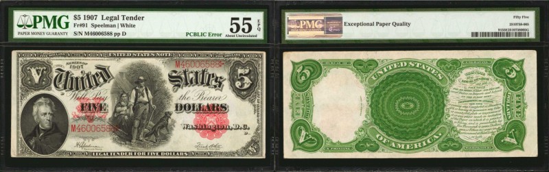 Fr. 91. 1907 $5 Legal Tender Note. PMG About Uncirculated 55 EPQ.
This Wood Cho...