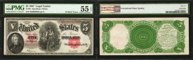 Fr. 91. 1907 $5 Legal Tender Note. PMG About Uncirculated 55 EPQ.
This Wood Chopper Legal Tender note has earned PMG's coveted EPQ designation. PMG a...