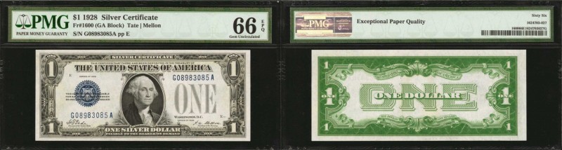 Fr. 1600. 1928 $1 Silver Certificate. PMG Gem Uncirculated 66 EPQ.
Punch throug...