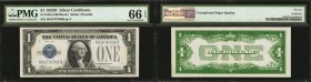Fr. 1604. 1928D $1 Silver Certificate. PMG Gem Uncirculated 66 EPQ.
Bright paper, good embossing and appealing inking stand out on this Gem Funny Bac...
