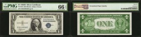 Fr. 1611. 1935B $1 Silver Certificate. PMG Gem Uncirculated 66 EPQ.
An appealing Gem Silver Certificate. Cool blue overprints and appealing embossing...
