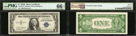 Fr. 1614*. 1935E $1 Silver Certificate Star Note. PMG Gem Uncirculated 66 EPQ.
This Gem replacement Silver Certificate retains pack fresh qualities a...
