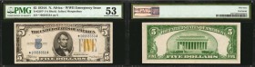 Fr. 2307*. 1934A $5 North Africa Emergency Star Note. PMG About Uncirculated 53.
Great color is seen on this attractive emergency issue star note.
E...