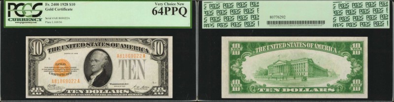Fr. 2400. 1928 $10 Gold Certificate. PCGS Currency Very Choice New 64 PPQ.
A br...