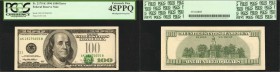 Fr. 2175-K. 1996 $100 Federal Reserve Note. Dallas. PCGS Currency Extremely Fine 45 PPQ. Misaligned Overprint.
The green treasury seal has been dropp...