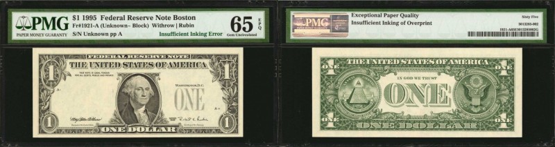 Fr. 1921-A. 1995 $1 Federal Reserve Note. Boston. PMG Gem Uncirculated 65 EPQ. I...