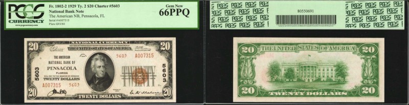 Pensacola, Florida. $20 1929 Ty. 2. Fr. 1802-2. The American NB. Charter #5603. ...