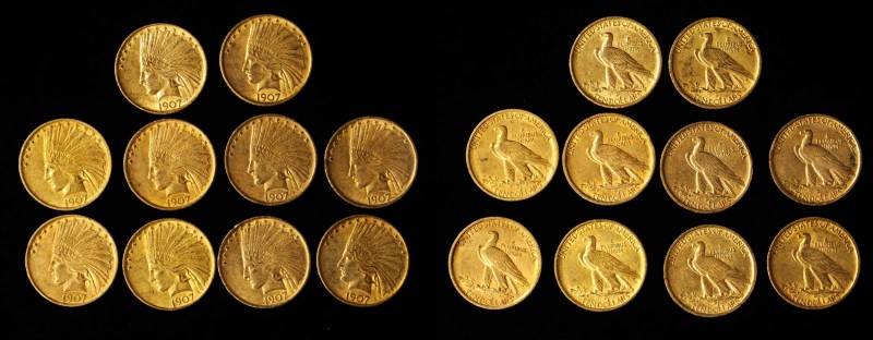 Lot of (10) 1907 Indian Eagles. No Periods. AU (Uncertified).
Estimate: $9150.0...