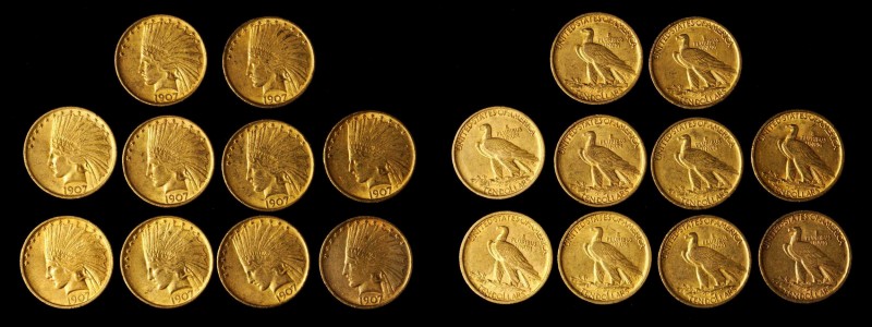 Lot of (10) 1907 Indian Eagles. No Periods. EF-AU (Uncertified).
Estimate: $900...