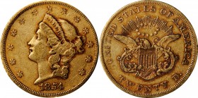 1854 Liberty Head Double Eagle. Small Date. Repunched Date. Very Fine, Bent (Uncertified).
Estimate: $1900.00