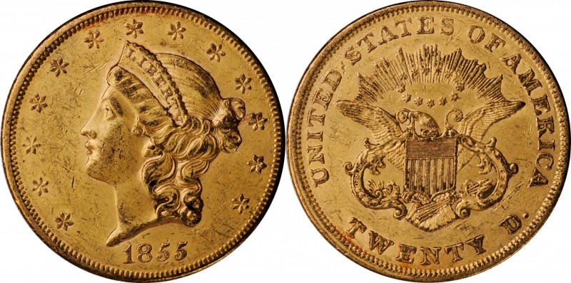 1855 Liberty Head Double Eagle. About Uncirculated, Altered Surfaces (Uncertifie...