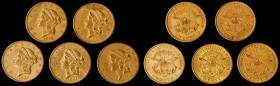 Lot of (5) 1855 Liberty Head Double Eagles. EF-AU (Uncertified).
All examples are impaired due to cleaning, altered surfaces and/or surface damage.
...