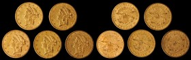 Lot of (5) 1855-S Liberty Head Double Eagles. EF-AU (Uncertified).
All examples are impaired due to (harsh) cleaning and/or surface damage.
Estimate...