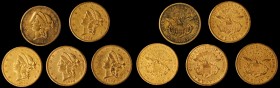 Lot of (5) 1855-S Liberty Head Double Eagles. VF-AU (Uncertified).
All examples are impaired, generally due to surface damage and/or graffiti.
Estim...