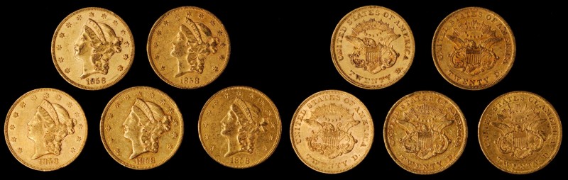 Lot of (5) 1858 Liberty Head Double Eagles. EF-AU (Uncertified).
All examples a...