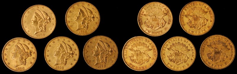 Lot of (5) 1858 Liberty Head Double Eagles. VF-AU (Uncertified).
Most are EF, a...