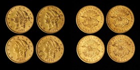 Lot of (4) 1864-S Liberty Head Double Eagles. EF-AU (Uncertified).
All examples are impaired due to cleaning and/or surface damage. A lamination is n...