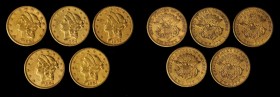 Lot of (5) 1864-S Liberty Head Double Eagles. EF (Uncertified).
All examples are impaired due to cleaning and/or surface damage.
Estimate: $9075.00