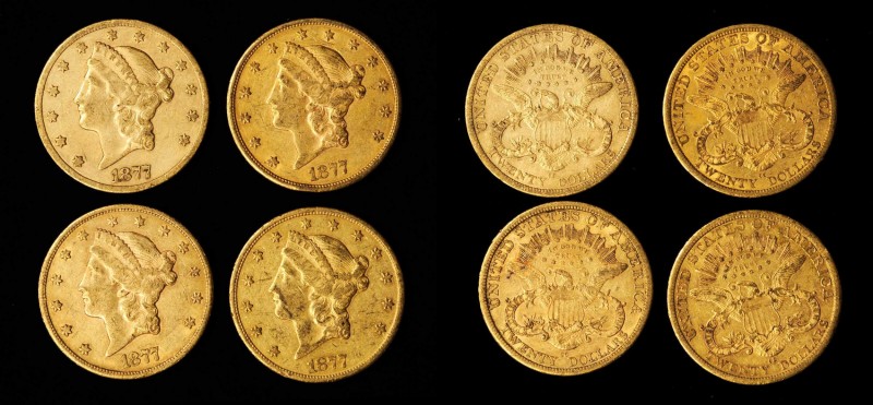 Lot of (4) 1877-CC Liberty Head Double Eagles. EF-AU (Uncertified).
All example...