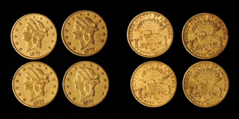 Lot of (4) 1877-CC Liberty Head Double Eagles. EF (Uncertified).
All examples a...
