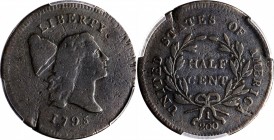 1795 Liberty Cap Half Cent. Plain Edge, No Pole. VG-8 (PCGS).
PCGS# 1018. NGC ID: 2225.
Estimate: $600.00