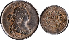 1806 Draped Bust Half Cent. Small 6, Stemless Wreath. EF-45 (PCGS).
PCGS# 1093.
Estimate: $290.00