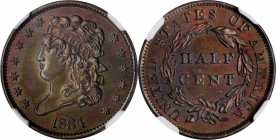 1834 Classic Head Half Cent. C-1. Unc Details--Cleaned (NGC).
PCGS# 35285. NGC ID: 2232.
Estimate: $125.00