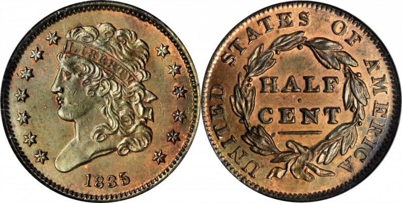 1835 Classic Head Half Cent. MS-63 RB (ANACS). OH.
PCGS# 1169. NGC ID: 2233.
E...