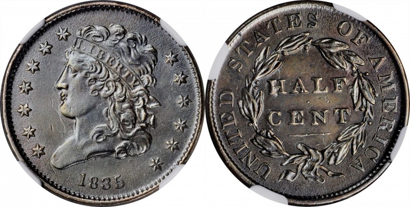 1835 Classic Head Half Cent. AU Details--Cleaned (NGC).
PCGS# 1168. NGC ID: 223...