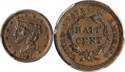 1851 Braided Hair Half Cent. AU-55 (PCGS). CAC.
PCGS# 1224. NGC ID: 26YW.
Estimate: $115.00