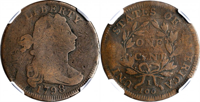 1798 Draped Bust Cent. S-154. Rarity-4+. Style I Hair. Good-4 BN (NGC).
PCGS# 1...
