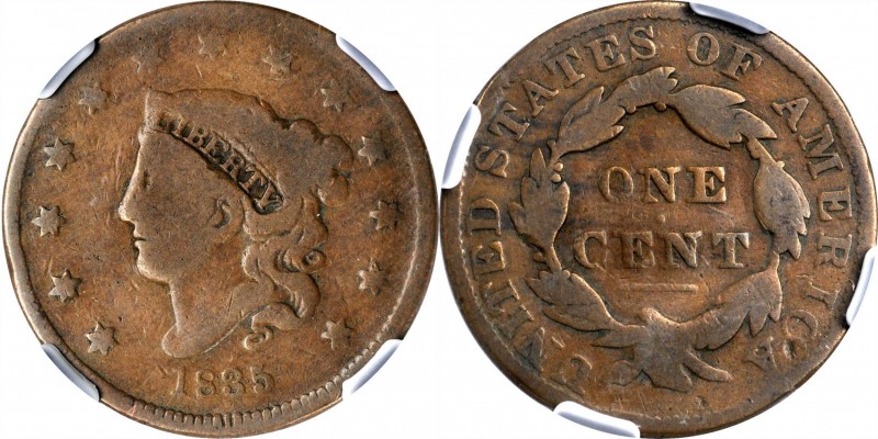 1835 Matron Head Cent. N-18. Rarity-4+. Small 8 and Stars. Good-6 BN (NGC).
PCG...
