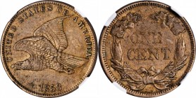 1858 Flying Eagle Cent. Small Letters, Low Leaves (Style of 1858), Type III. AU-55 (NGC).
PCGS# 2020. NGC ID: 2279.
Estimate: $150.00