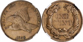 1858 Flying Eagle Cent. Large Letters, High Leaves (Style of 1857), Type I. EF-45 (NGC).
PCGS# 2019. NGC ID: 2277.
Estimate: $100.00