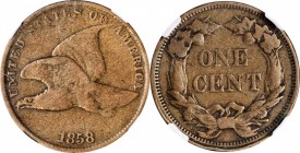 Lot of (2) 1858 Flying Eagle Cents. (NGC).
Included are: Large Letters, Low Leaves (Style of 1858), Type II, Fine-15; and Small Letters, Low Leaves (...