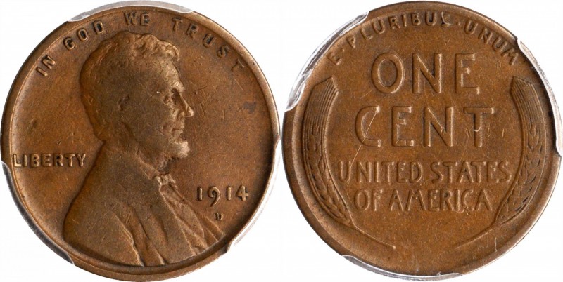 1914-D Lincoln Cent. Fine-12 (PCGS).
PCGS# 2471. NGC ID: 22BH.
Estimate: $120....