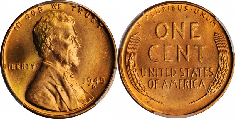 1945-D Lincoln Cent. MS-67 RD (PCGS). CAC.
PCGS# 2737. NGC ID: 22EH.
Estimate:...