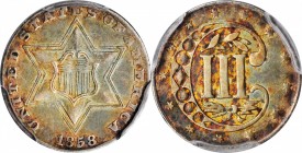 1858 Silver Three-Cent Piece. AU-50 (PCGS). CAC.
PCGS# 3674. NGC ID: 22Z7.
Estimate: $110.00