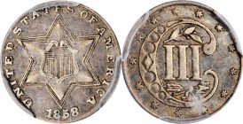 1858 Silver Three-Cent Piece. EF-40 (PCGS). CAC.
PCGS# 3674. NGC ID: 22Z7.
Estimate: $100.00
