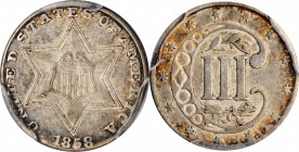 Lot of (2) 1858 Silver Three-Cent Pieces. (PCGS).
Included are: EF-40; and Fine-12, CAC.
PCGS# 3674.
Estimate: $120.00